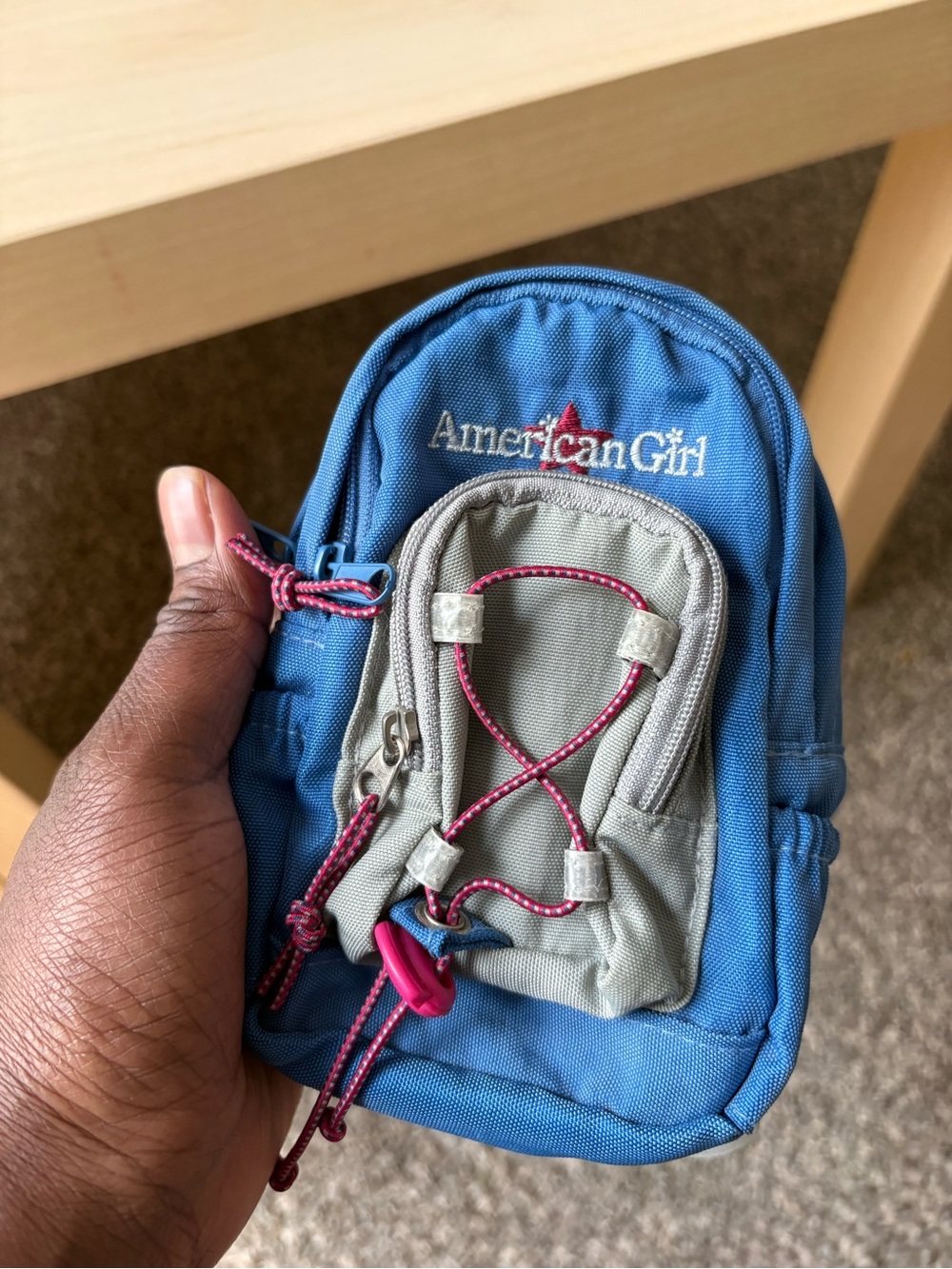 American Girl Blue Mini Backpack with Gray Pocket and Pink Accents